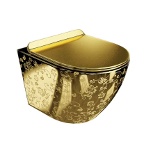 Set WC suspendat Spectrum, Trendi Slim, rimless, cu capac soft close, auriu cu model floral